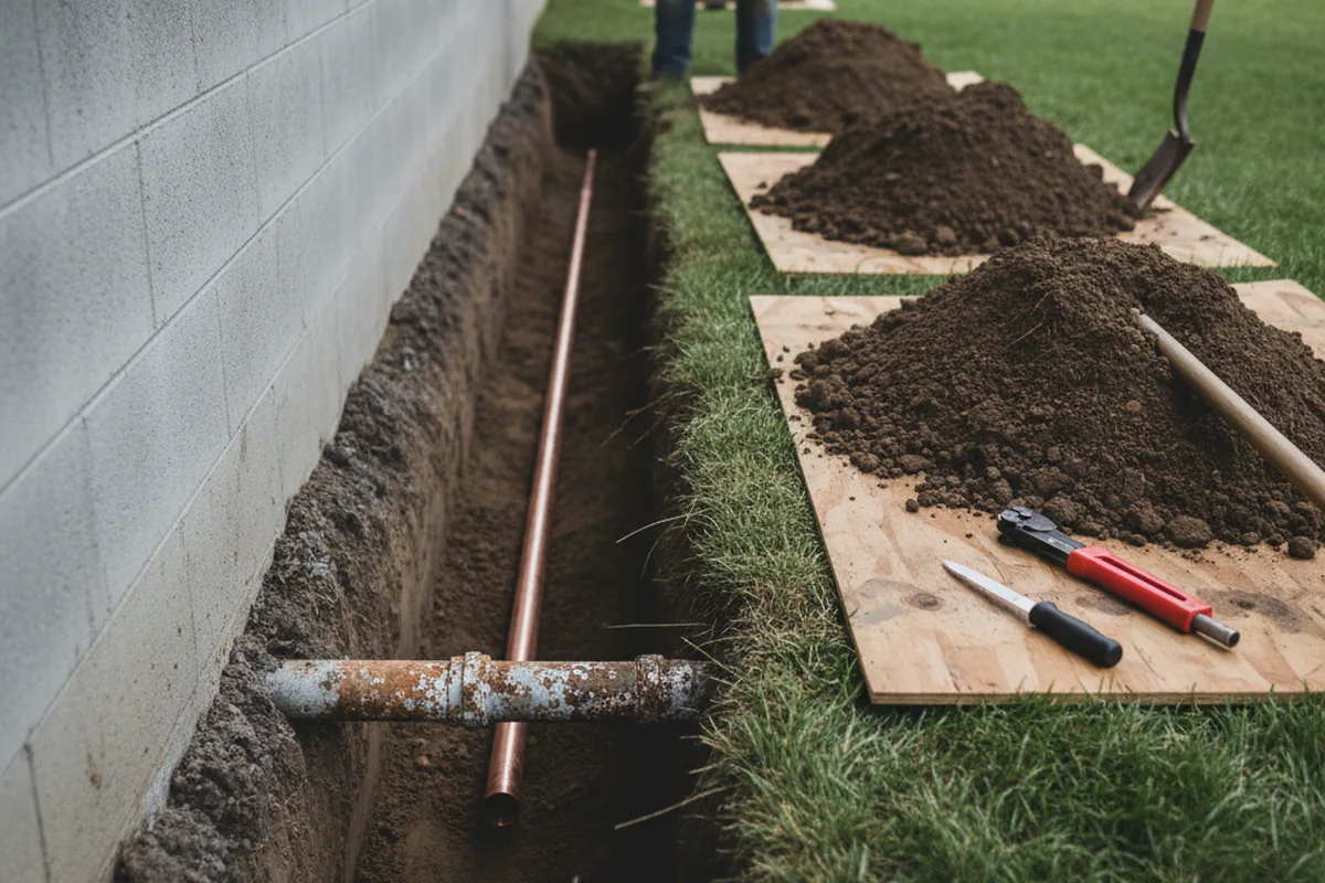 Excavated water line trench during Sewer Line Repair in Southwest Harbor